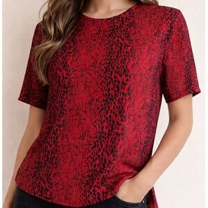 Vintage Kathy Che Red & Black Animal Print Blouse Medium